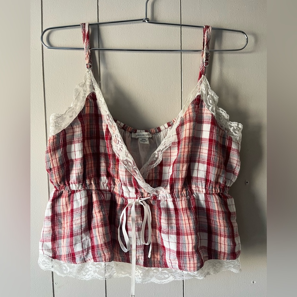 American Eagle Outfitters Red and White Plaid Cami with Lace